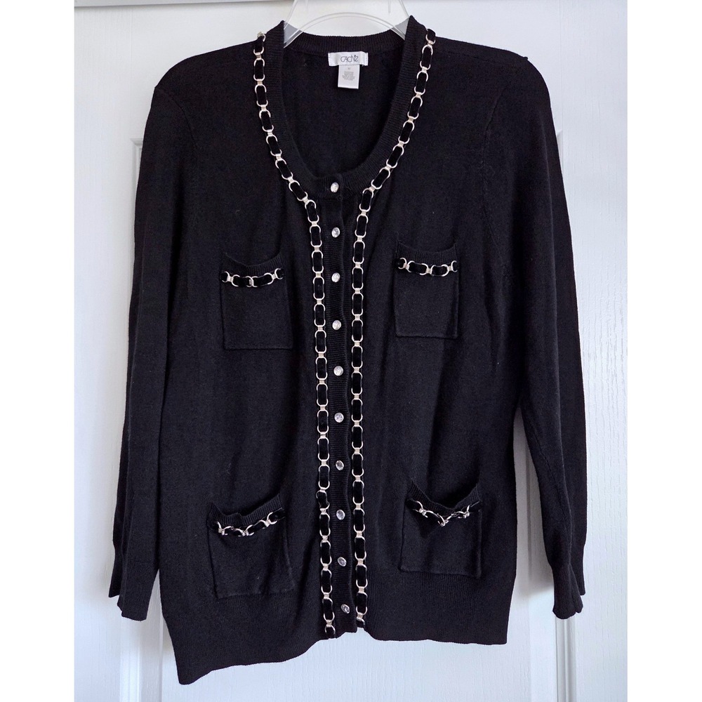 VTG Y2K Cache Black Cardigan Silver Chain Link Velvet Trim Crystal Buttons Sz M